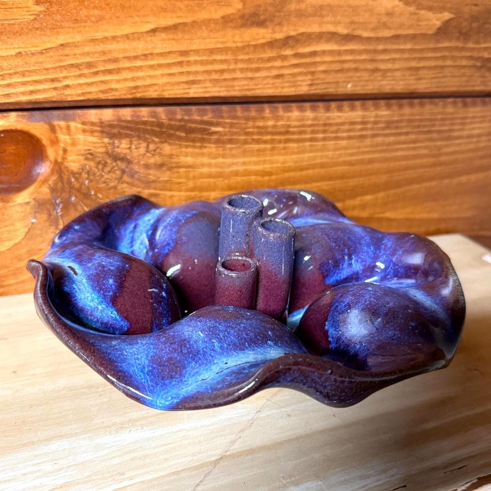 Ikebana Flower Frog Bowl | Blue Purple Glazed Pottery Vase
